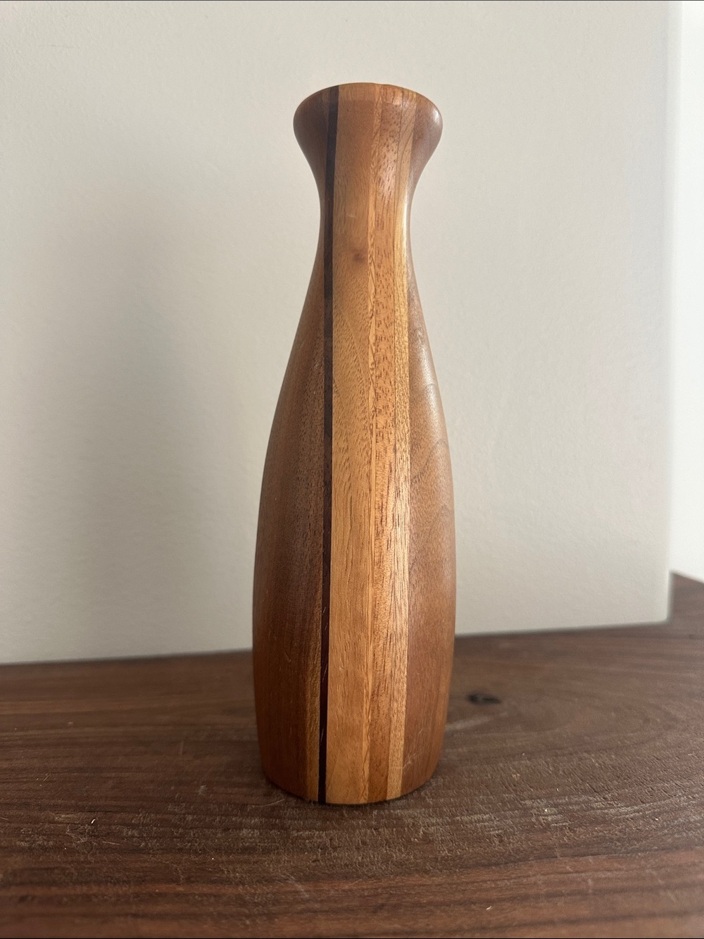 Vintage Hand-Turned Wood Marquetry Vase 8” - Striped Inlay Bud Vase